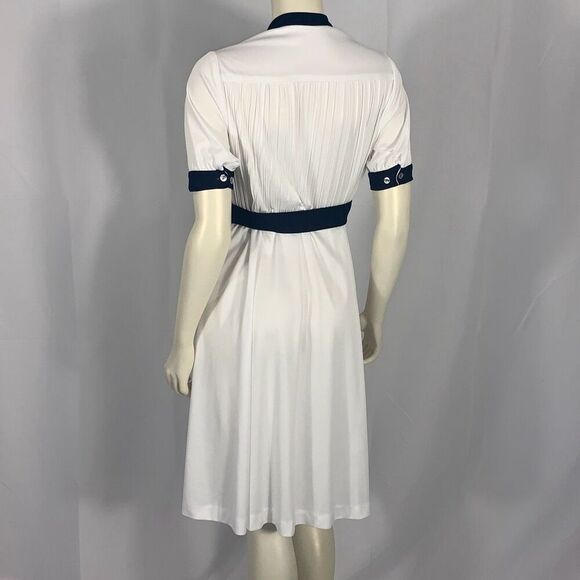Vintage White Navy Half Button Short Sleeve Dress with Tie Waist Belt Size Mediu - Picture 10 of 15